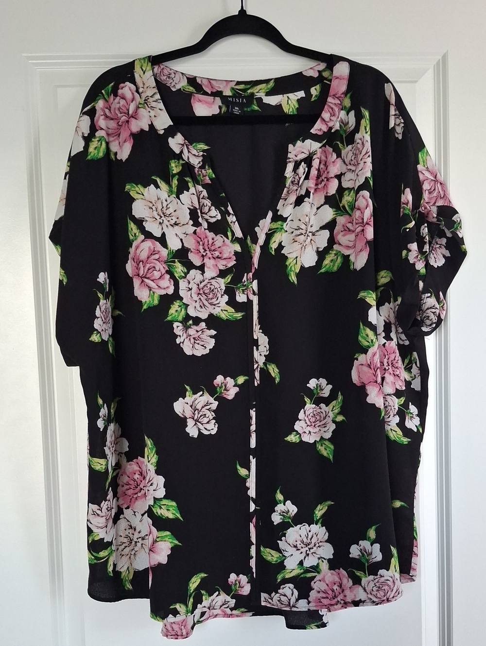 Misia Black Floral V-Neck Blouse with Pink & Green Accents